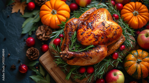 Golden brown turkey chicken, Decoration top view on wooden background
 photo