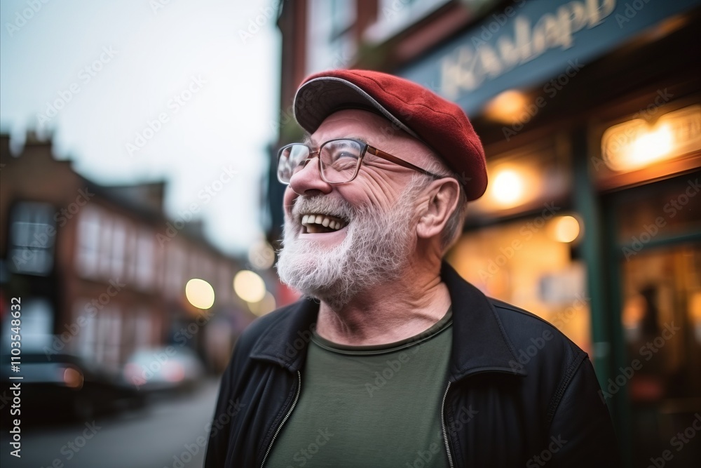Portrait of senior man with beard and cap in the city. Portrait of senior man with beard and cap in the city.