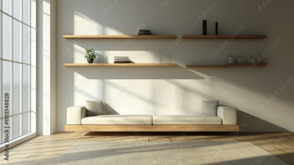 Modern Minimalist Living Room Design with Wooden Shelves Modern Minimalist Living Room Design with Wooden Shelves