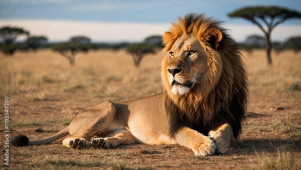 A majestic male lion cub, king of the savannah, rests in the tall grass A majestic male lion cub, king of the savannah, rests in the tall grass