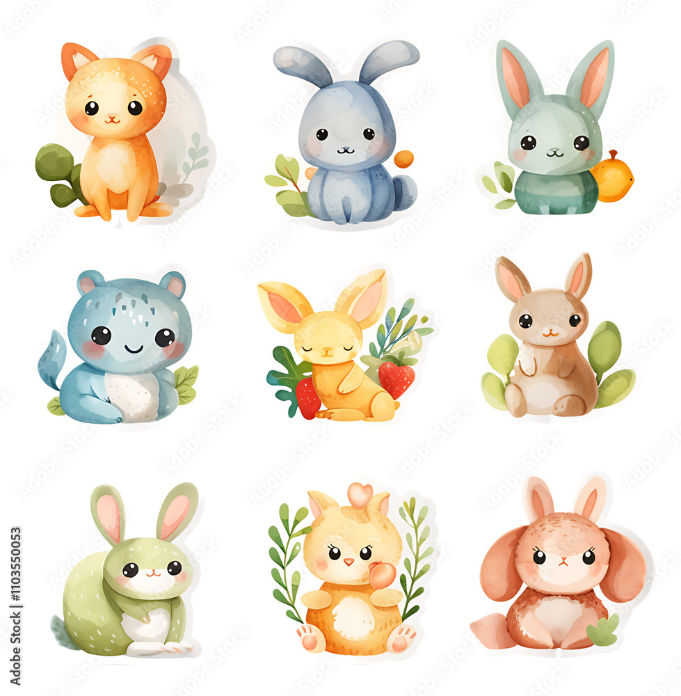 Fototapeta premium Charming bunny and animal stickers featuring watercolor designs of adorable woodland creatures, perfect for crafting and decoration Transparent PNG.