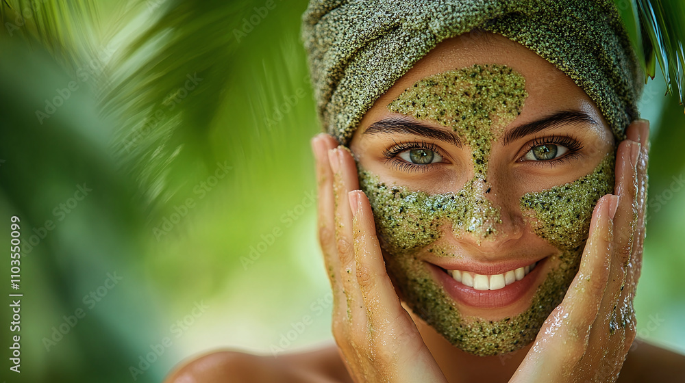 Smiling woman with a green facial scrub and a towel on her head, enjoying a natural skincare treatment in a tropical spa environment. Smiling woman with a green facial scrub and a towel on her head, enjoying a natural skincare treatment in a tropical spa environment.