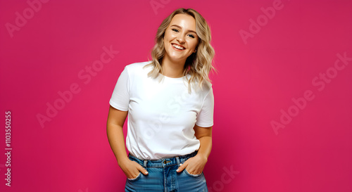 A young woman with blonde hair smiling and looking directly at the camera, wearing a white t-shirt and blue jeans, with her hands casually placed in her pockets.