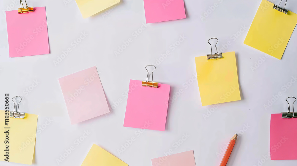 Pink and yellow sticky notes with a paper clip against a white background. Pink and yellow sticky notes with a paper clip against a white background.