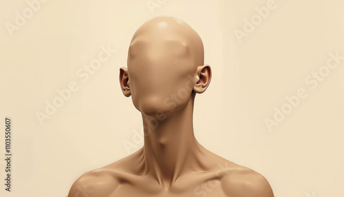 Faceless bald figure with smooth skin, highlighting body and neck contours in a minimalist warm background