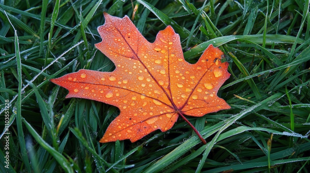 Beautiful orange maple leaf with droplets resting on green grass Beautiful orange maple leaf with droplets resting on green grass