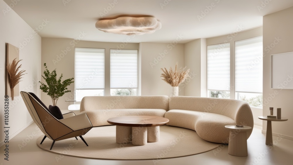 Fototapeta premium Elegant Scandinavian living room with a minimalist layout, neutral hues, and natural materials.