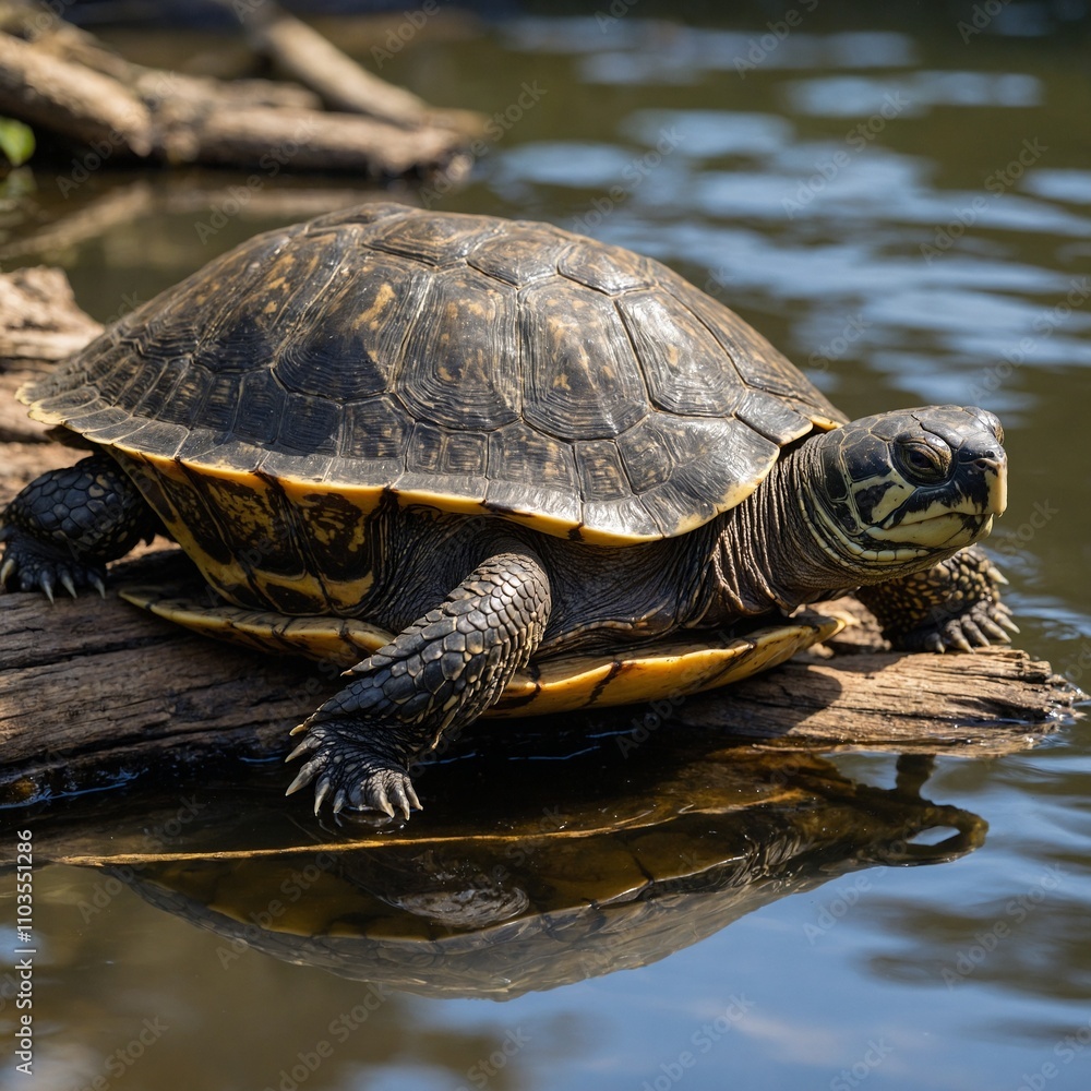 An Amazon river turtle resting on a sunlit log in the water.
An Amazon river turtle resting on a sunlit log in the water.