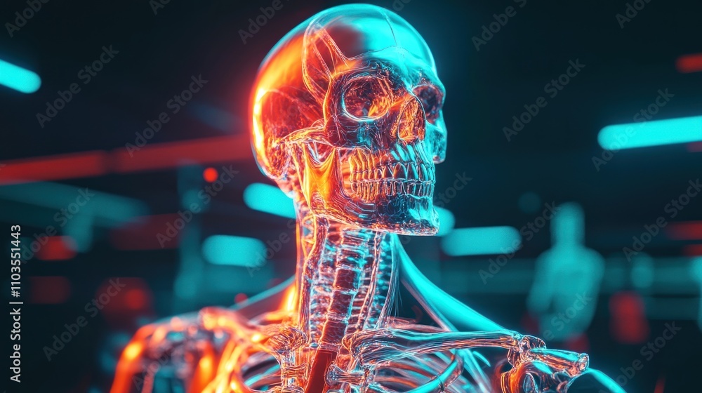 3D rendering of a transparent human skeleton with neon lighting.