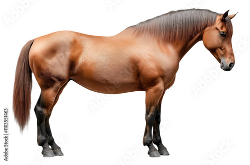 A brown horse standing with a white background