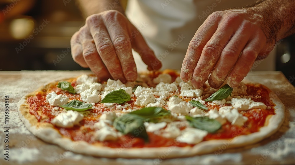 Hands Preparing Fresh Pizza with Cheese and Basil Toppings Hands Preparing Fresh Pizza with Cheese and Basil Toppings
