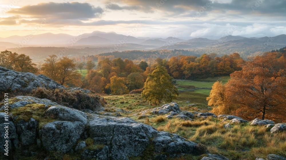 Golden Autumn Landscape with Rolling Hills and Colorful Trees in a Peaceful Setting Golden Autumn Landscape with Rolling Hills and Colorful Trees in a Peaceful Setting