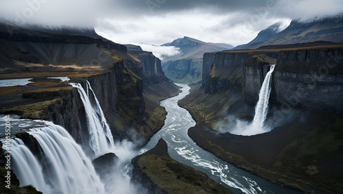 Majestic waterfalls cascade into a winding river surrounded by dramatic cliffs in a remote valley