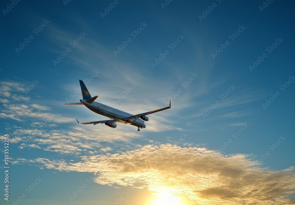 A serene airplane silhouette against a stunning blue sunset. A serene airplane silhouette against a stunning blue sunset.