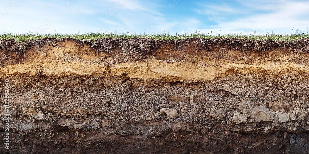 Detailed cross-section of soil layers showcasing various textures, colors, and geological formations, ideal for educational or environmental projects. Detailed cross-section of soil layers showcasing various textures, colors, and geological formations, ideal for educational or environmental projects.