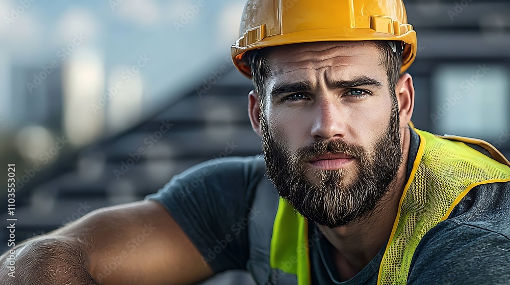 A close-up view of a construction worker meticulously installing roof shingles, the yellow safety vest and hardhat contrasting with the textured roofing materials under bright daylight, Ultra-Realisti A close-up view of a construction worker meticulously installing roof shingles, the yellow safety vest and hardhat contrasting with the textured roofing materials under bright daylight, Ultra-Realisti