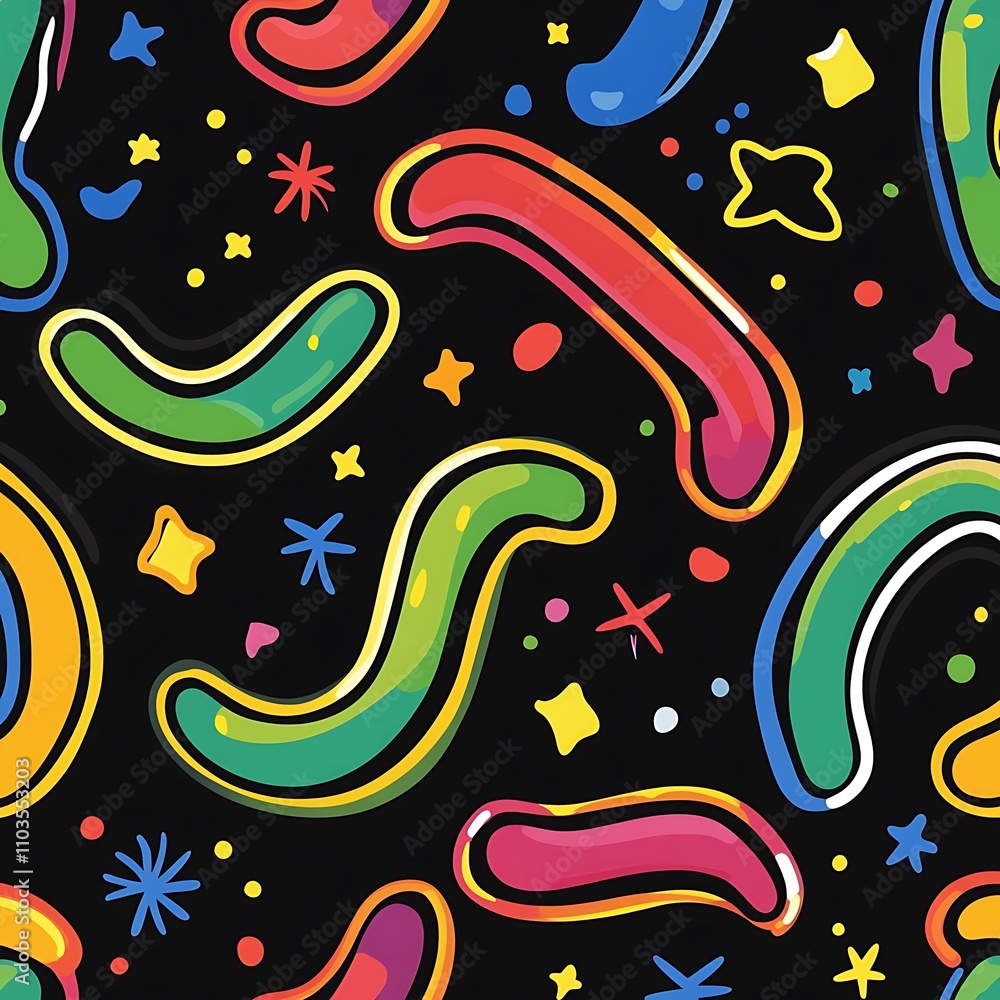 Fototapeta premium Psychedelic abstract colorful doodles forming intricate patterns on black surface