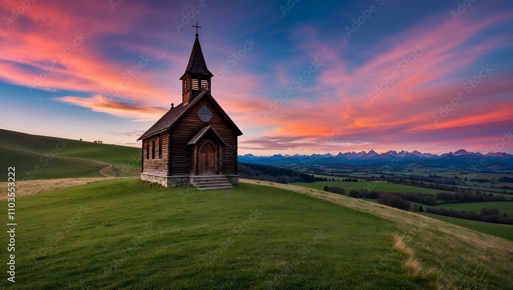 Fototapeta premium Charming wooden chapel stands alone on a hillside under a vibrant sunset sky with distant mountains in the background