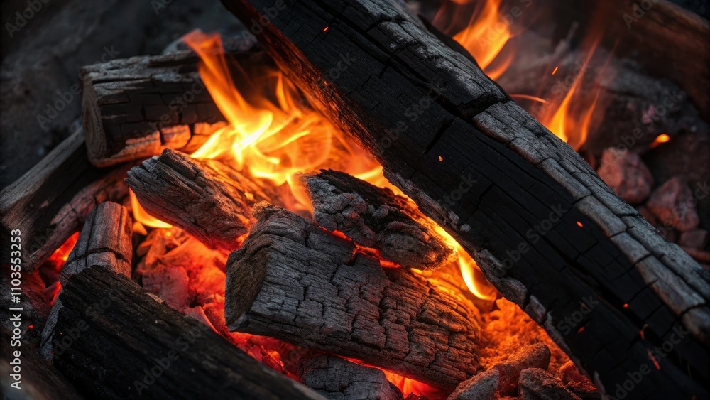 Close-up Silhouette of Burning Wood with Vibrant Flames and Glowing Embers, Capturing the Essence of Fire, Warmth, and Nature's Elements in a Striking Visual Display Close-up Silhouette of Burning Wood with Vibrant Flames and Glowing Embers, Capturing the Essence of Fire, Warmth, and Nature's Elements in a Striking Visual Display