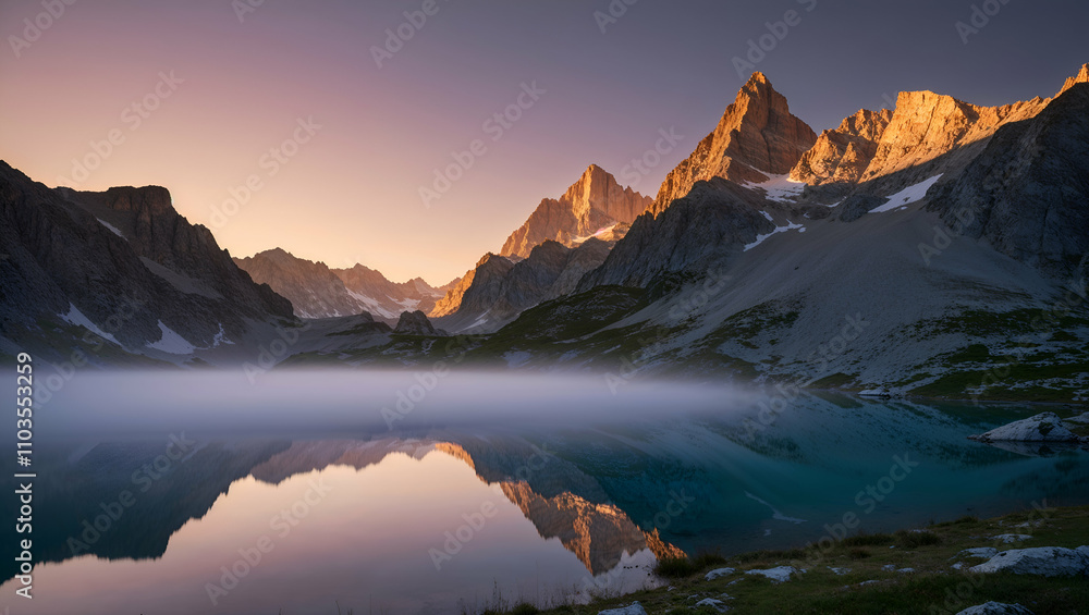 Majestic mountain landscape reflecting in tranquil lake during sunset in a remote valley Majestic mountain landscape reflecting in tranquil lake during sunset in a remote valley