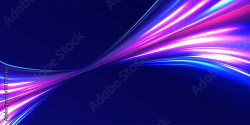 Futuristic dynamic motion technology. Png, neon, line, blur, beam, ray, abstract, energy. Neon color glowing lines background. Glowing wave swirl, impulse cable lines. High-speed light trails effect. 