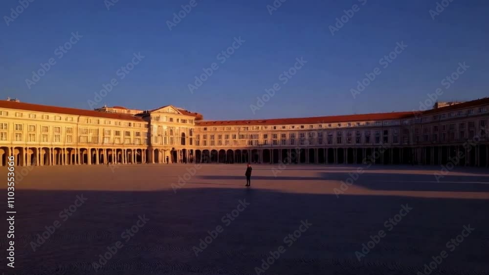Solitary Figure in Grand Plaza at Sunset, Empty Square, Classic Architecture, Golden Hour
