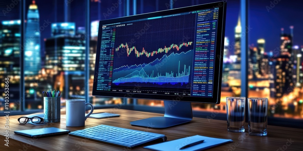 Financial Analysis Displayed on Computer Screen with Charts and Data Visualization in a Modern Office Environment at Night Financial Analysis Displayed on Computer Screen with Charts and Data Visualization in a Modern Office Environment at Night