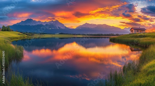 Sunset Reflections on a Tranquil Mountain Lake