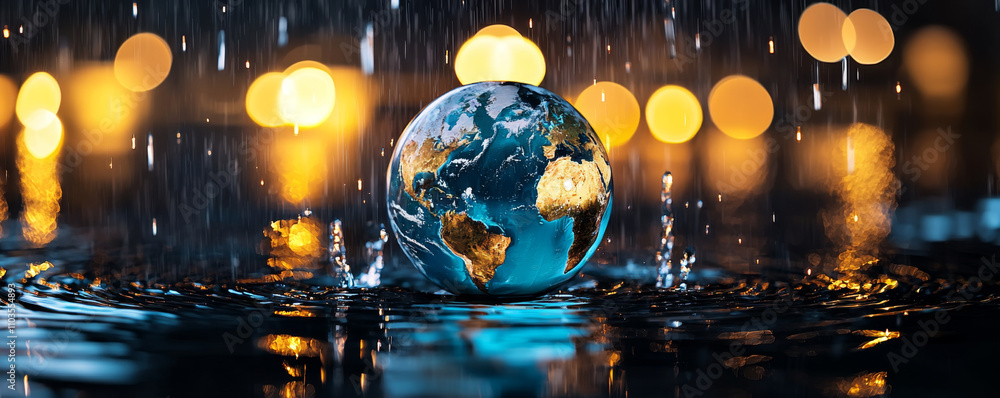 Global warming concept. globe surrounded by water droplets symbolizes global awareness Global warming concept. globe surrounded by water droplets symbolizes global awareness