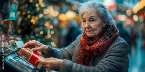 An elderly woman carefully examines a gift as she prepares to make a purchase at a lively market adorned with twinkling lights and holiday decorations, creating a joyful atmosphere