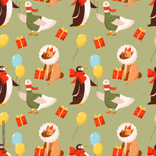 A seamless festive pattern featuring adorable penguins and geese in Christmas costumes. For gift wrap, seasonal textiles, or decorative backgrounds.