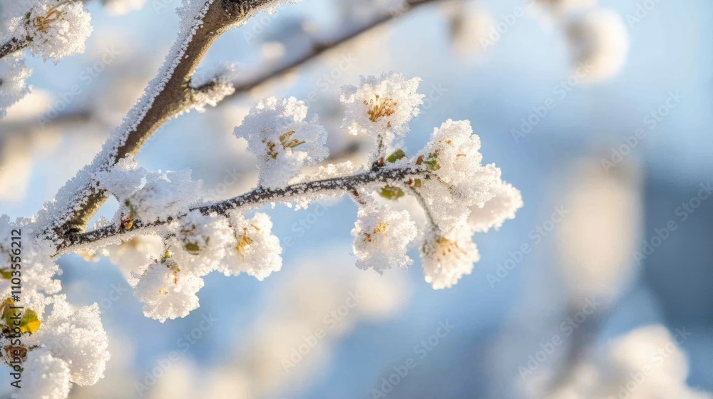 Frosty branches with white blossoms in winter sun. Beautiful nature scene capturing cold elegance and seasonal beauty. Frosty branches with white blossoms in winter sun. Beautiful nature scene capturing cold elegance and seasonal beauty.