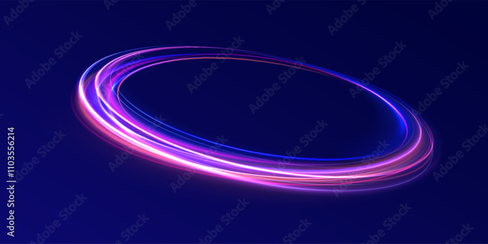 Fototapeta premium Glitter neon circle ring frame & sparkle flash light shimmer vector on black background, shiny glowing round line planet curve. Png, effect, wave,neon,line, futuristic web poster card print template.
