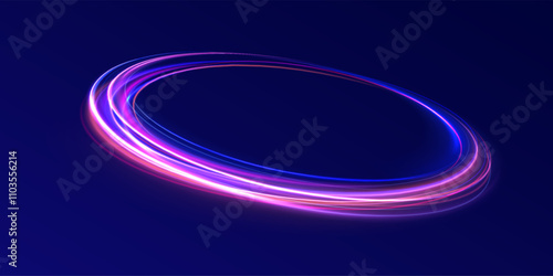 Glitter neon circle ring frame & sparkle flash light shimmer vector on black background, shiny glowing round line planet curve. Png, effect, wave,neon,line, futuristic web poster card print template.