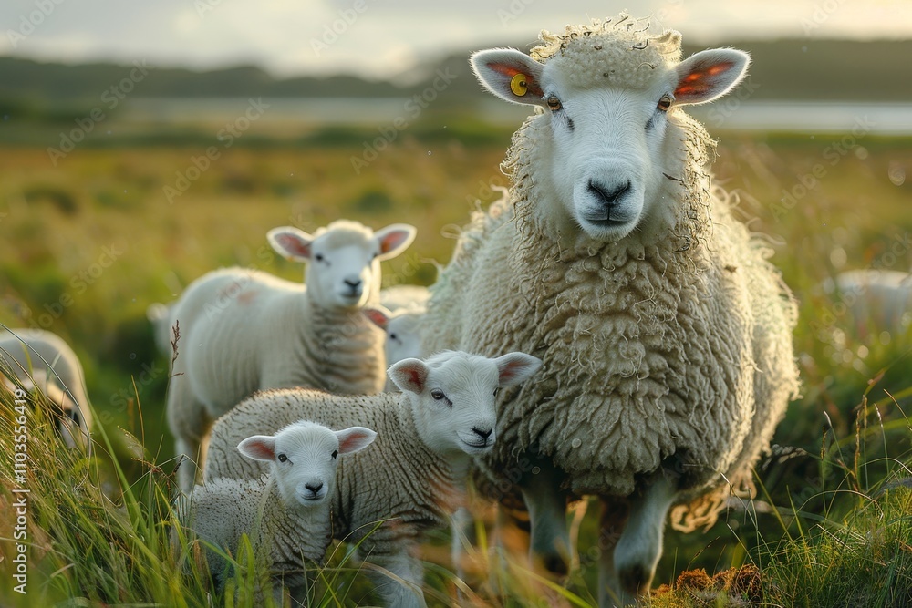 Obraz premium Mother sheep with her playful lambs frolicking in a lush green grassy pasture under the sun