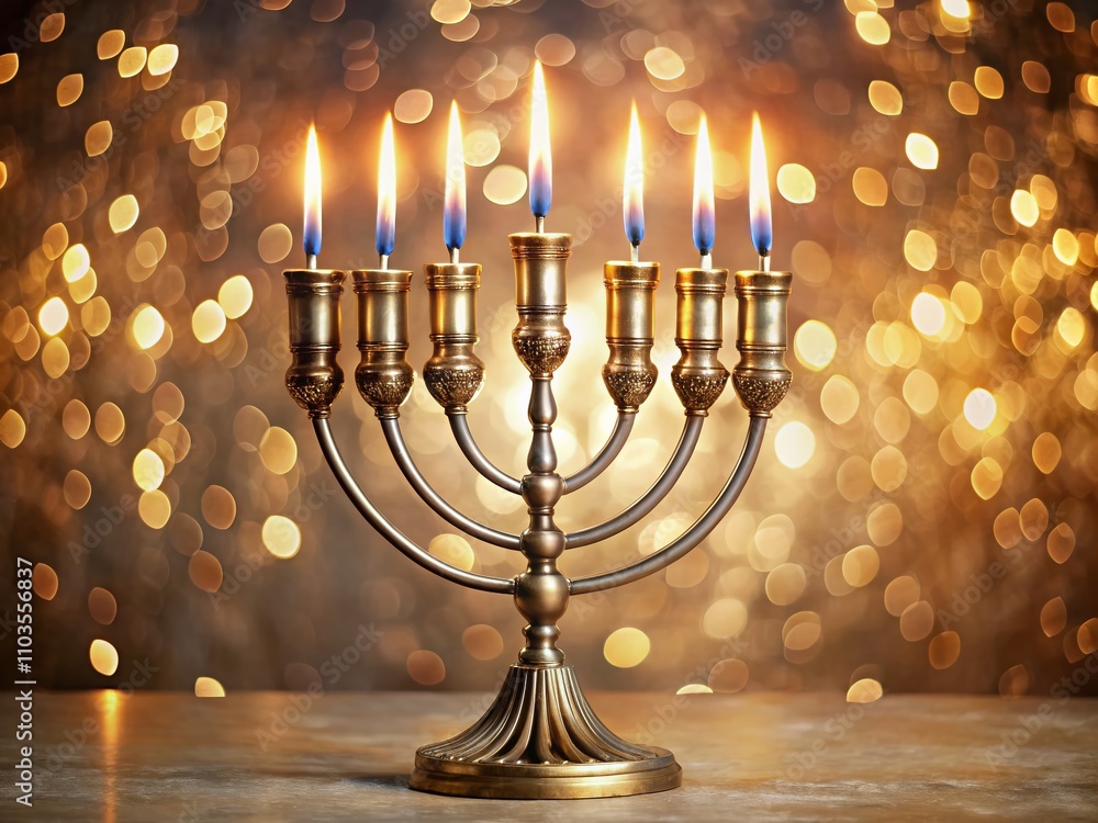 Elegant Hanukkah Menorah with Lit Candles on a White Background, Showcasing Traditional Jewish Symbols in a Bokeh Effect for Festive Celebrations Elegant Hanukkah Menorah with Lit Candles on a White Background, Showcasing Traditional Jewish Symbols in a Bokeh Effect for Festive Celebrations