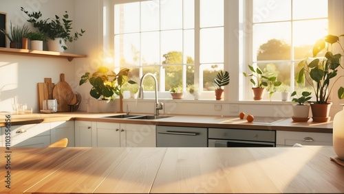 Natural wooden table with kitchen background. For product display photo