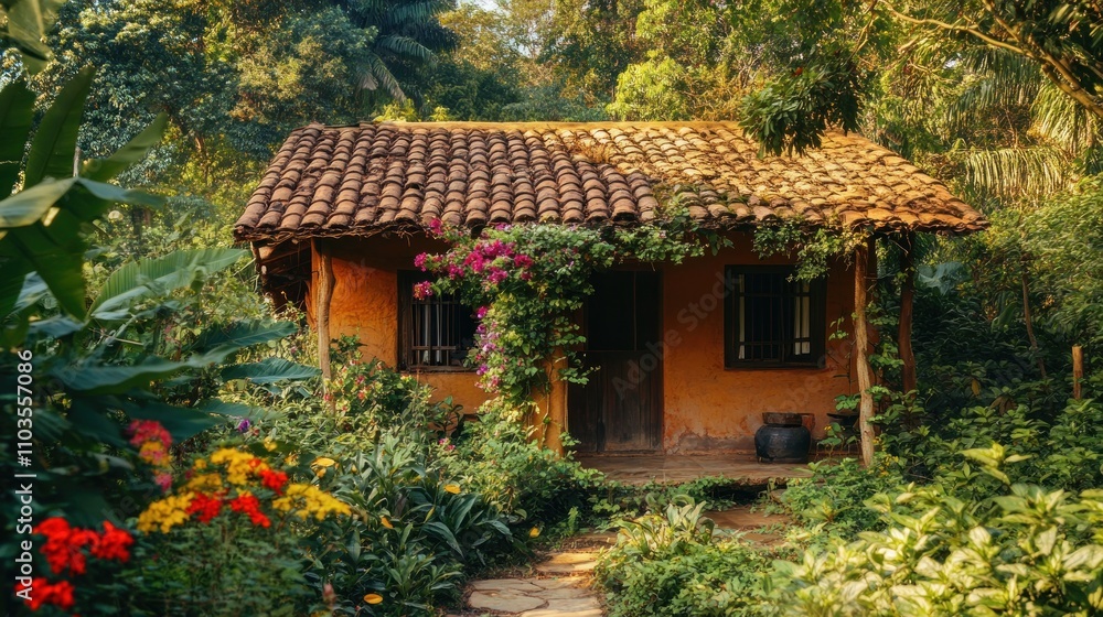 A charming rustic house surrounded by vibrant flowers and lush greenery. A charming rustic house surrounded by vibrant flowers and lush greenery.