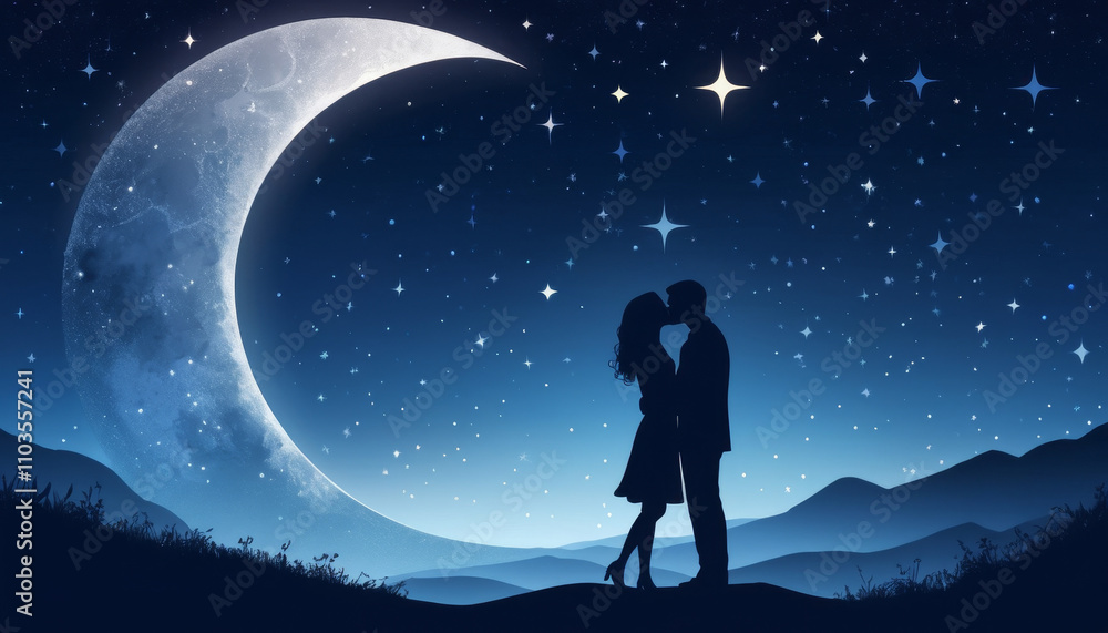 Couple in love kissing under a crescent moon and twinkling stars on a serene night Couple in love kissing under a crescent moon and twinkling stars on a serene night