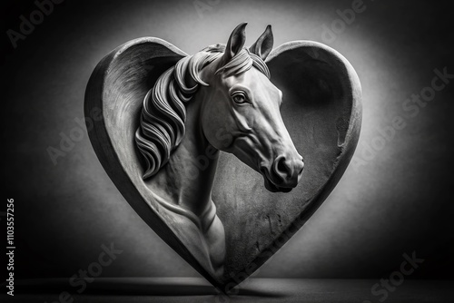 Elegant Horse Head Heart in Grayscale - Artistic Product Photography Featuring Unique Design and Textural Contrast for Home Decor or Art Collection photo