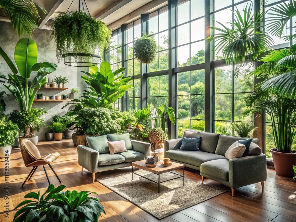 Elegant Interior Room with Lush Green Plants, Modern Decor, and Natural Light Creating a Serene Atmosphere for Relaxation and Inspiration in a Contemporary Home Setting Elegant Interior Room with Lush Green Plants, Modern Decor, and Natural Light Creating a Serene Atmosphere for Relaxation and Inspiration in a Contemporary Home Setting