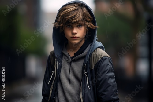 Portrait of a boy in a hooded sweatshirt on the street.