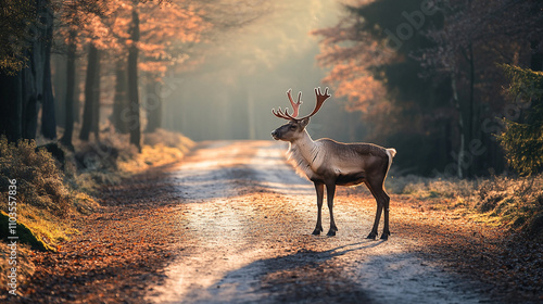 Deer stands in the snow on a road. The deer is looking at the camera