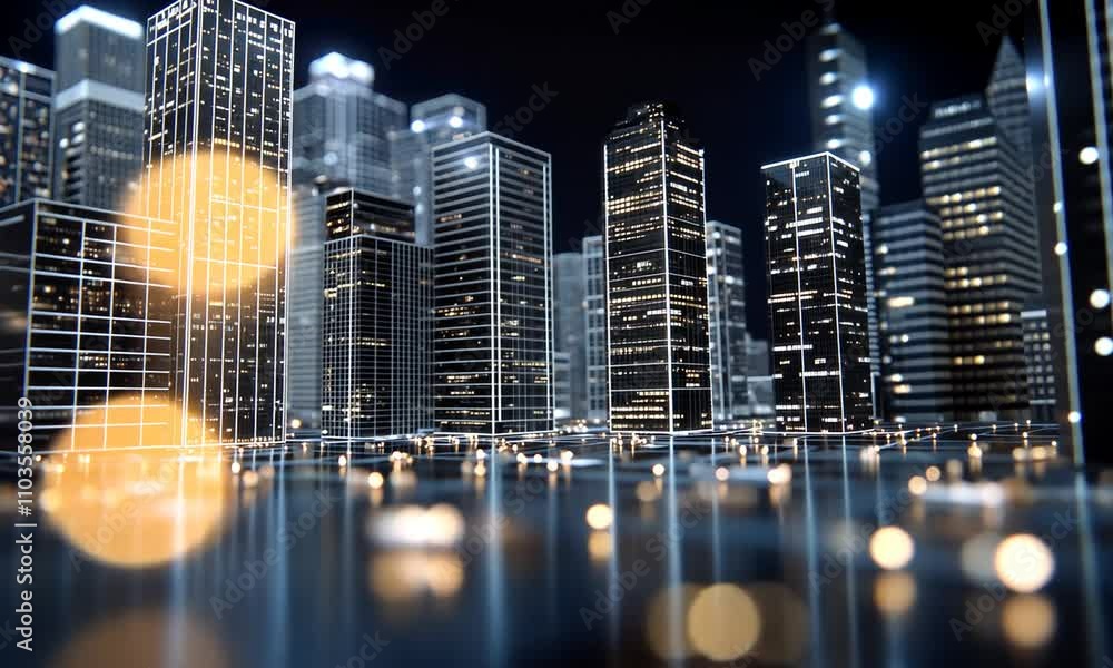 Illuminated buildings create a vibrant city skyline at night ...