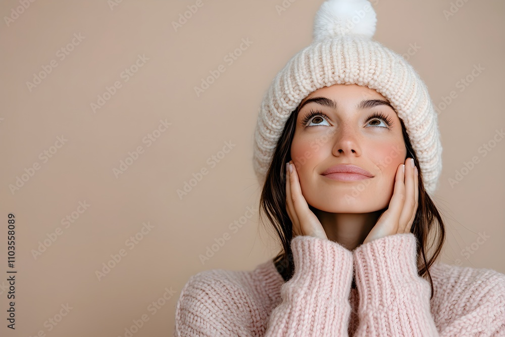 Smiling girl in knitted sweater and hat looking at snow and magic golden lights. Joyful beautiful young woman having fun. Merry Christmas and Happy New Year. Background with copy space for design Smiling girl in knitted sweater and hat looking at snow and magic golden lights. Joyful beautiful young woman having fun. Merry Christmas and Happy New Year. Background with copy space for design