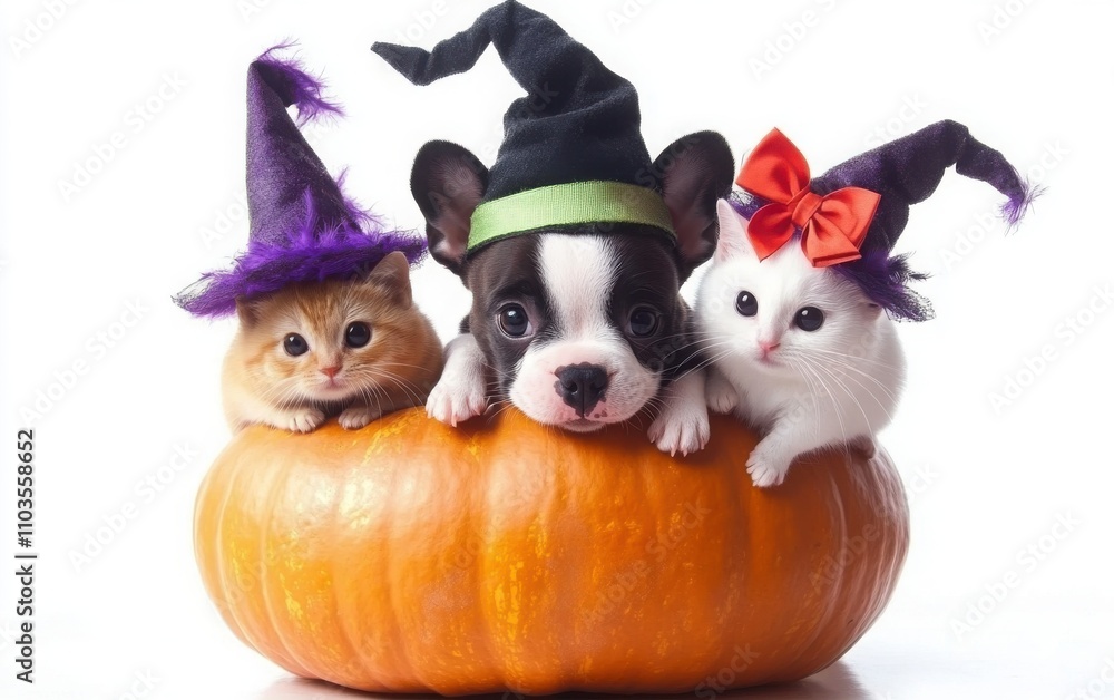 A Boston Terrier puppy, a small brown hamster, and a little white cat, all wearing Halloween-themed witch hats, sitting on an orange pumpkin. A Boston Terrier puppy, a small brown hamster, and a little white cat, all wearing Halloween-themed witch hats, sitting on an orange pumpkin.