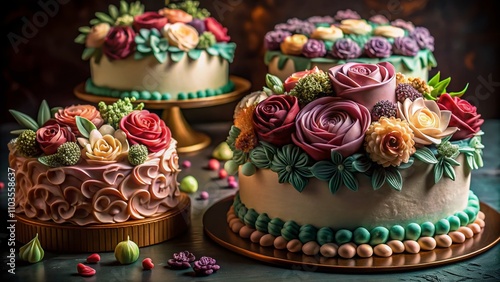 Elegant Low Light Photography of Russian Piping Tip Buttercream Cakes with Intricate Designs and Rich Colors, Perfect for Baking Blogs and Culinary Arts Showcases