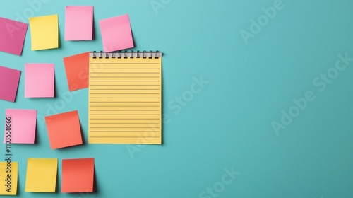 A colorful arrangement of sticky notes beside a blank notepad on a teal background, ideal for brainstorming or organizing ideas.
