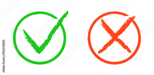 Vector green check mark and red cross brush icons isolated on white background. Marks yes and no in a cartoon style. Right and wrong. Yes and no. Voting choice.