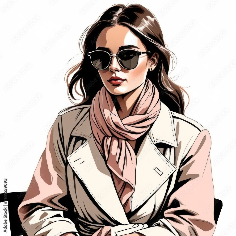 Stylish young woman in sunglasses and scarf seated against a plain background during a bright day Stylish young woman in sunglasses and scarf seated against a plain background during a bright day